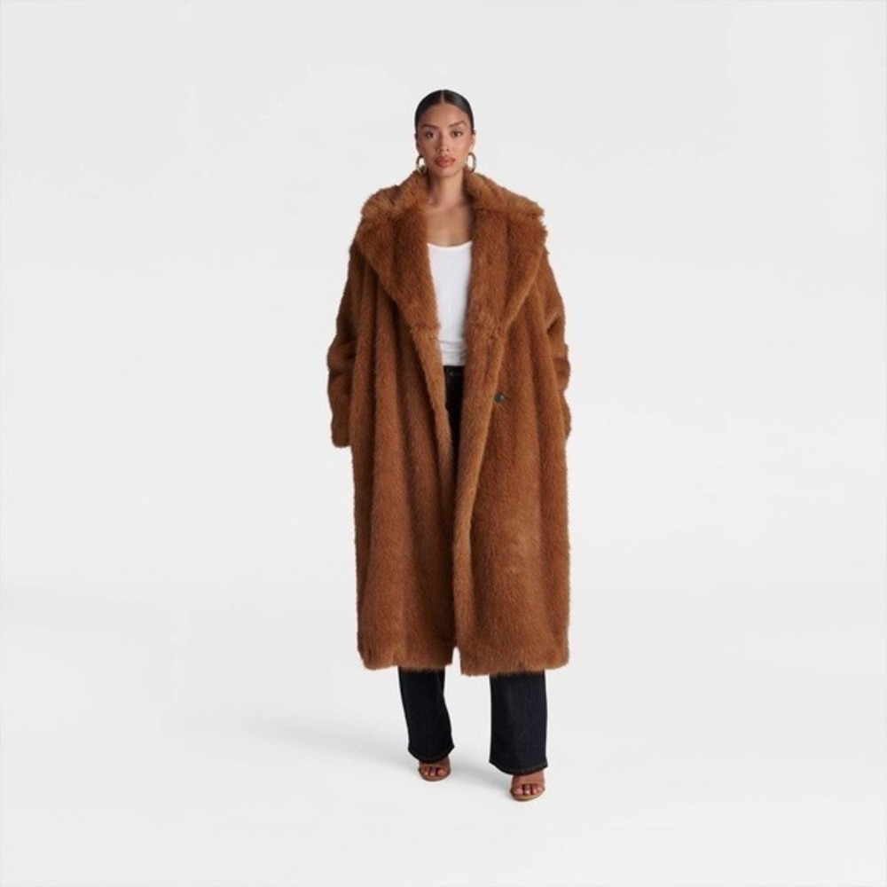 KBB KAHLANA Target Women's M Medium The Oversized Faux Fur Trench Coat Brown NWT